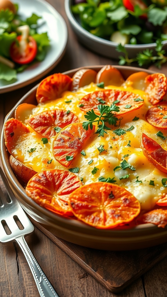 A cheesy potato bake with golden crispy top, served on a rustic table.